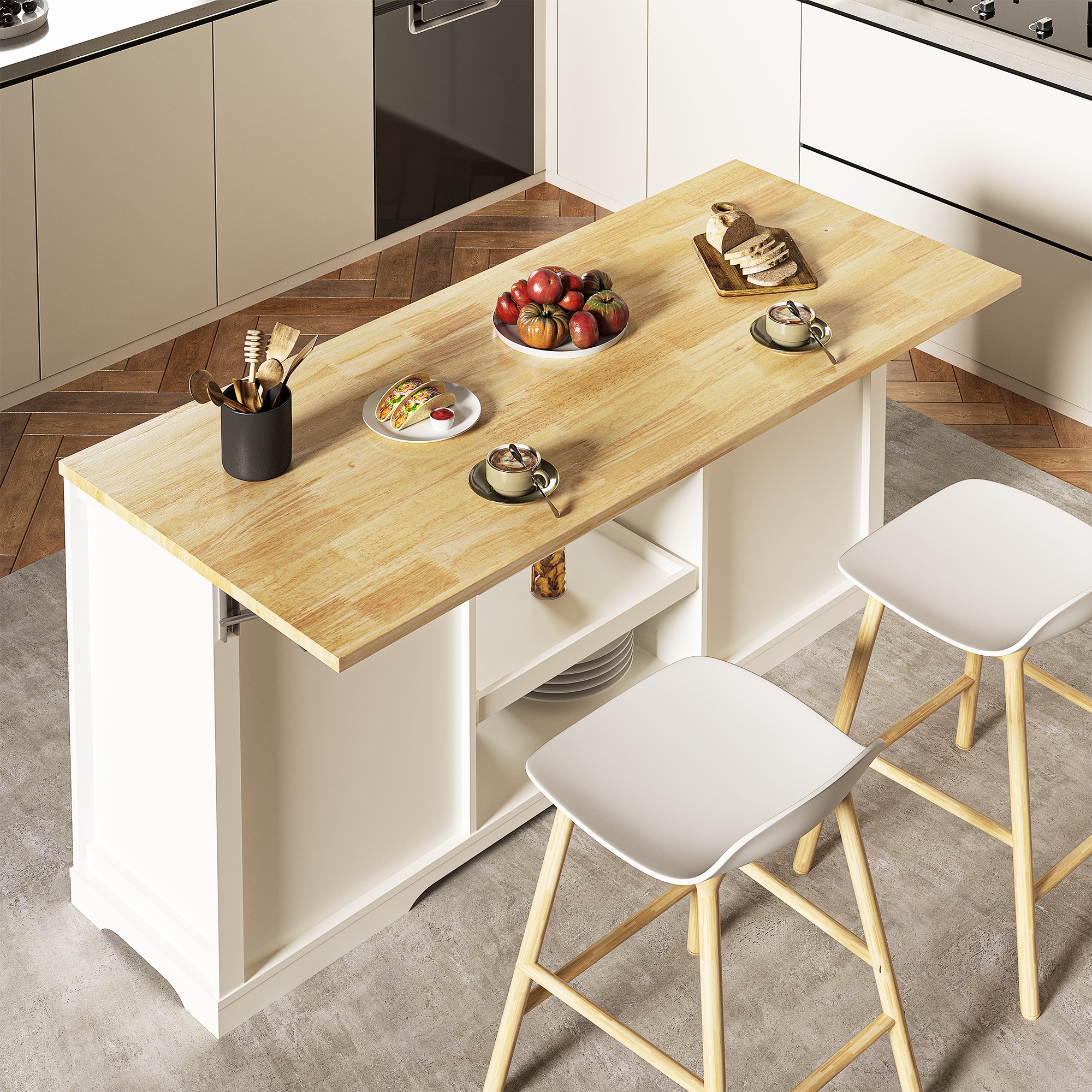 Kitchen Island With Storage Drop Leaf And Power Outlet White_voghion.com